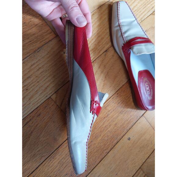 Tod's Cream Red Leather Mules Slides Italian Designer Size 5 Made in Italy - Picture 8 of 11